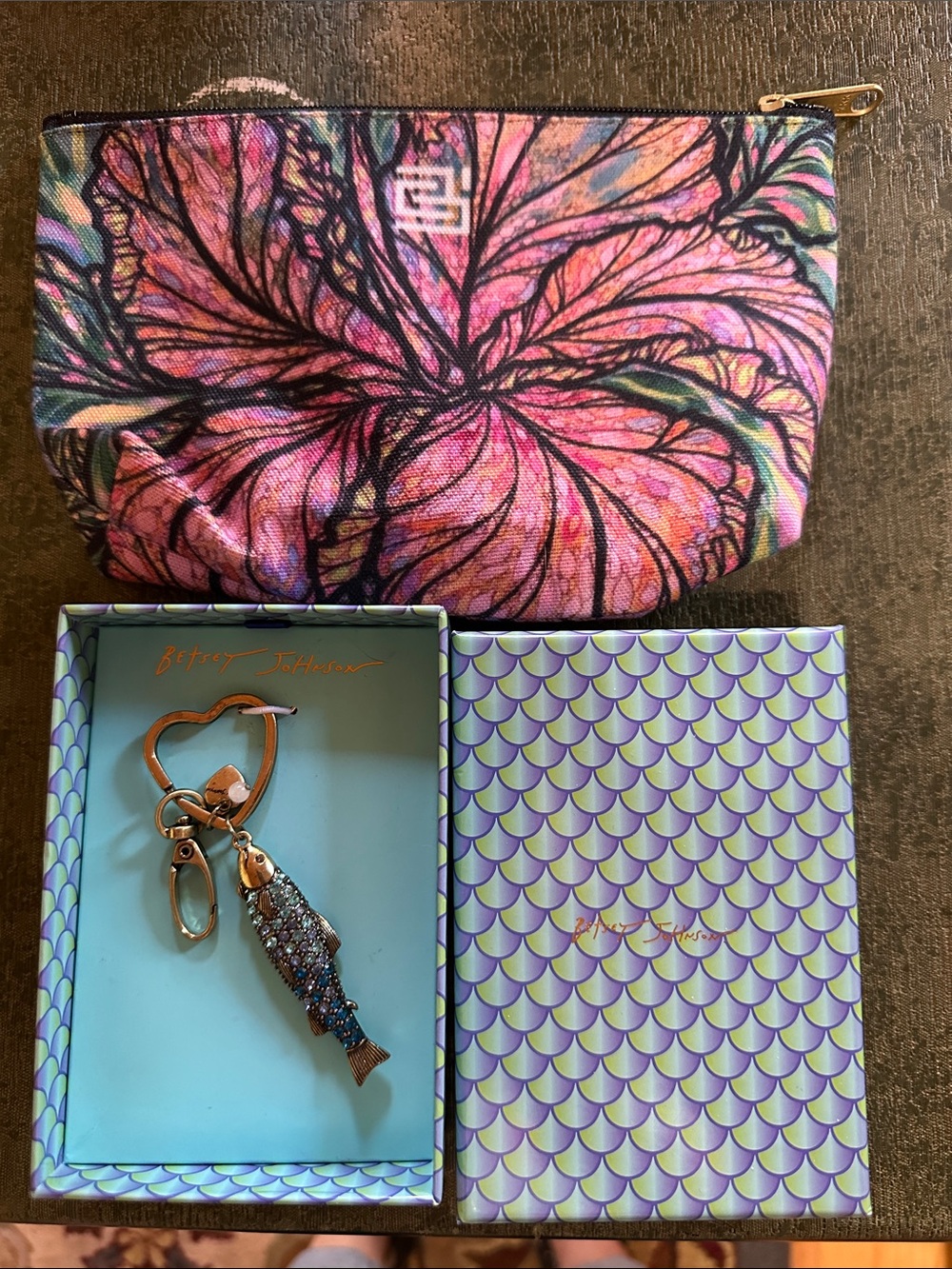 Betsey Johnson Blue rhinestone Fish Keychain with antique gold-tone hearts & bag